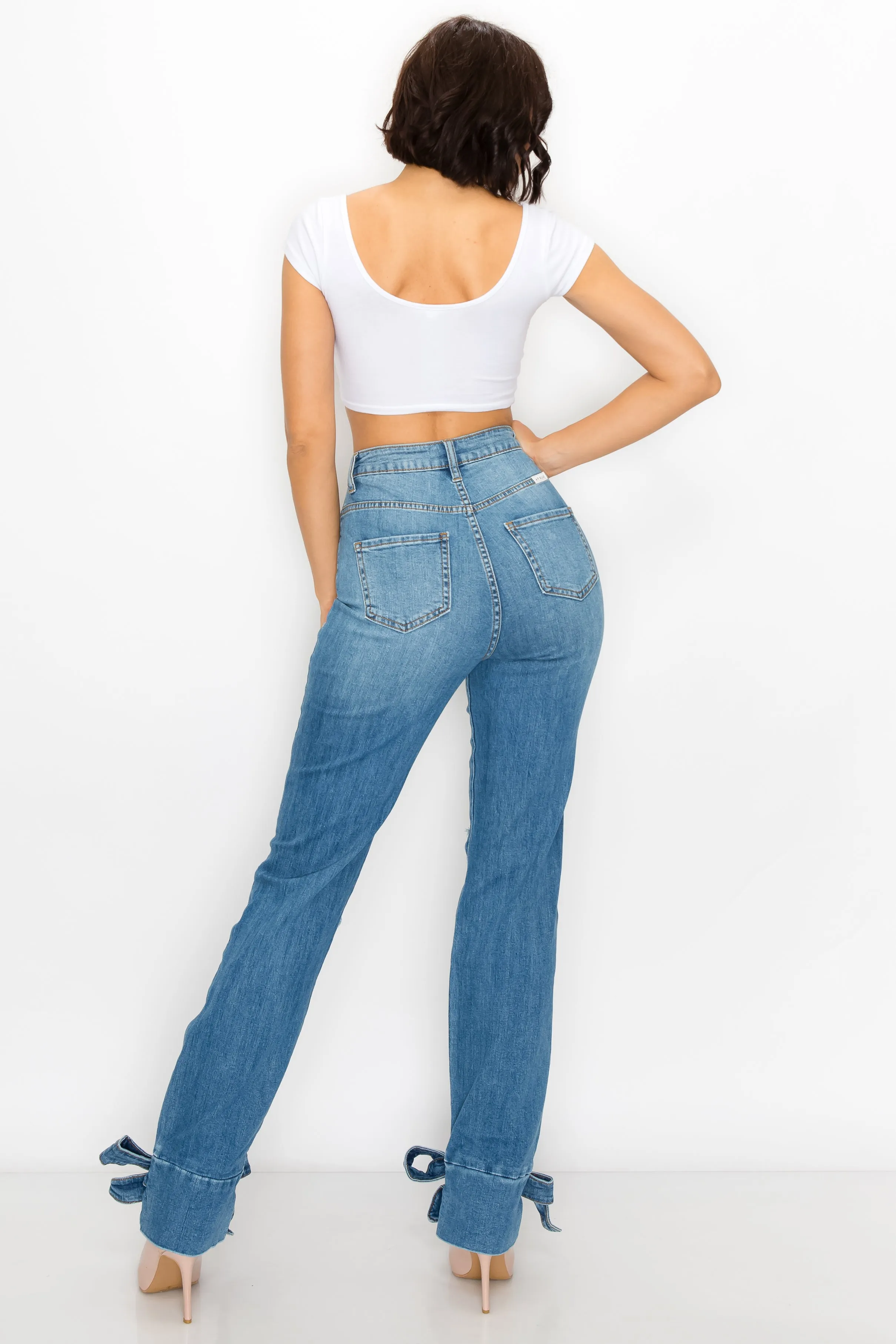 40029 Women's High Waisted Distressed Ankle Ties Wide Leg Jeans