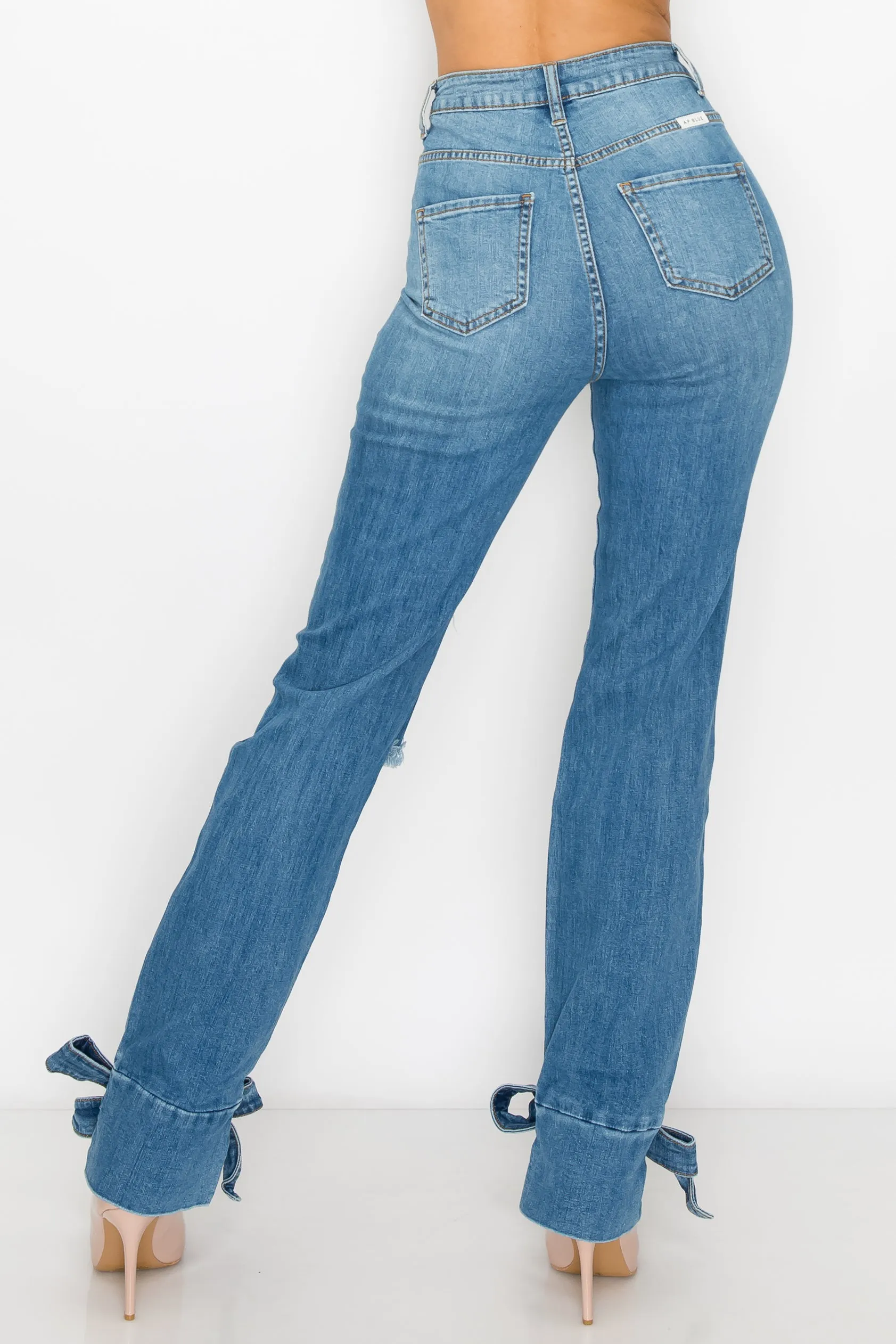 40029 Women's High Waisted Distressed Ankle Ties Wide Leg Jeans