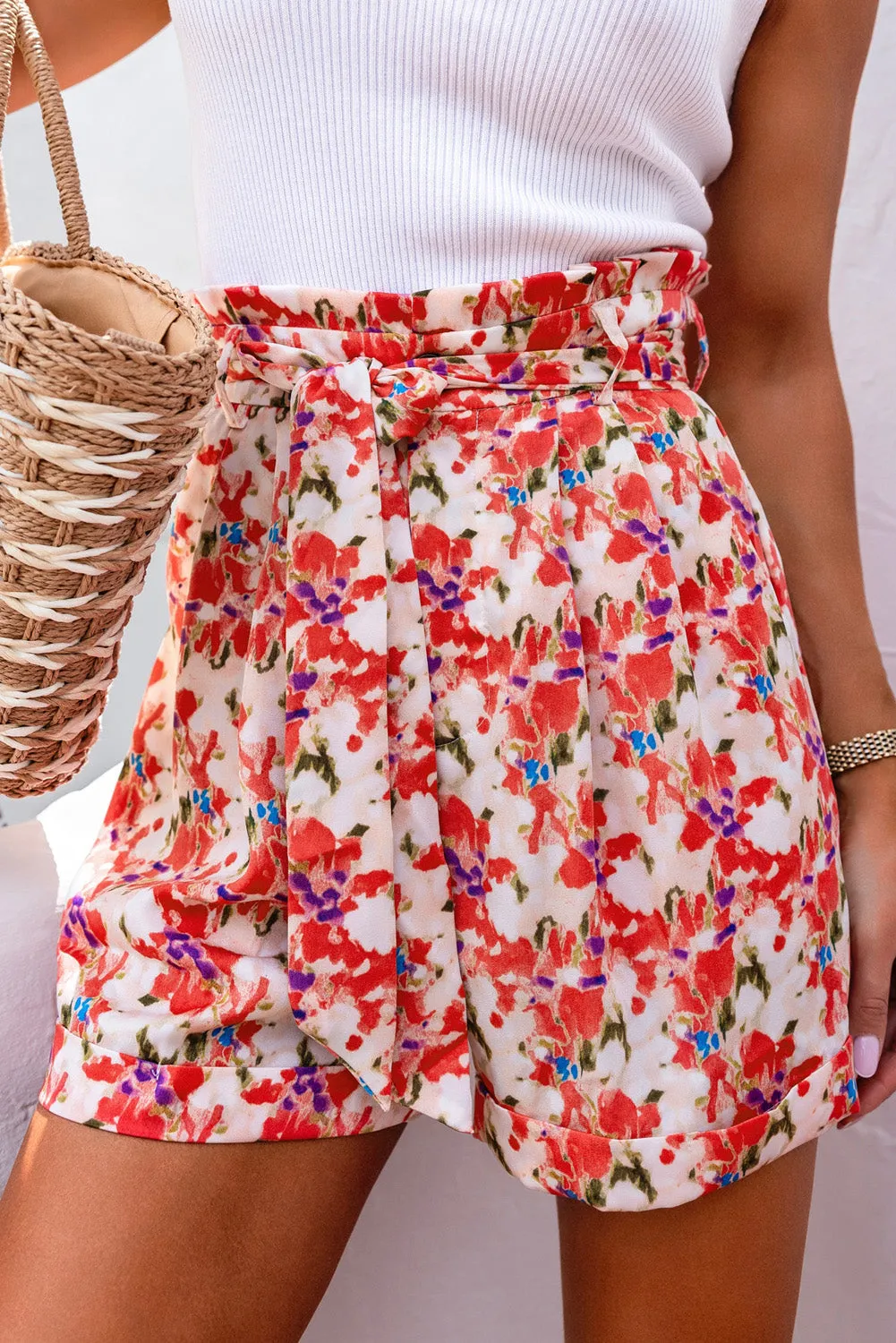 Abstract Floral Print Lace up High Waist Shorts