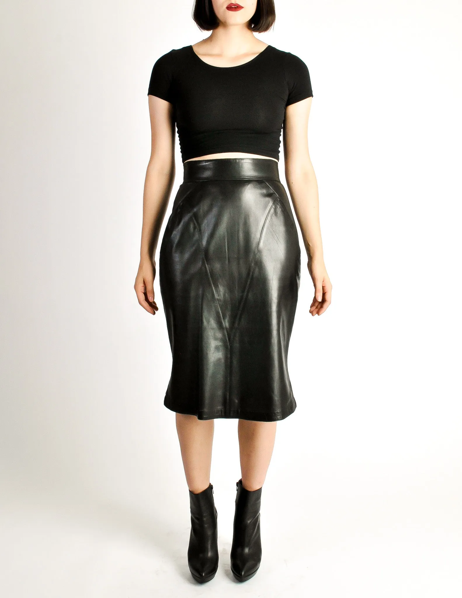 Alaïa Vintage Black Leather Pencil Skirt