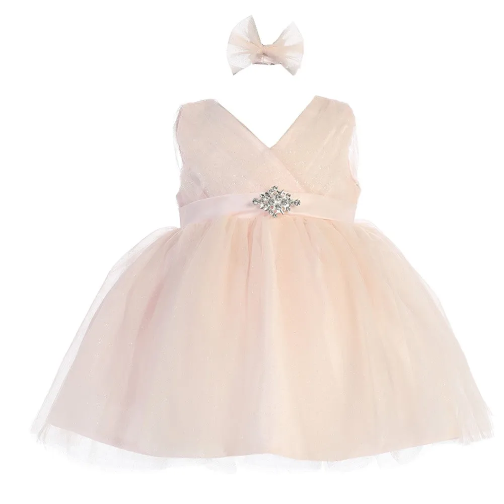 Baby Girls Blush Glitter Tulle V-Neck Rhinestone Brooch Flower Girl Dress 6-24M