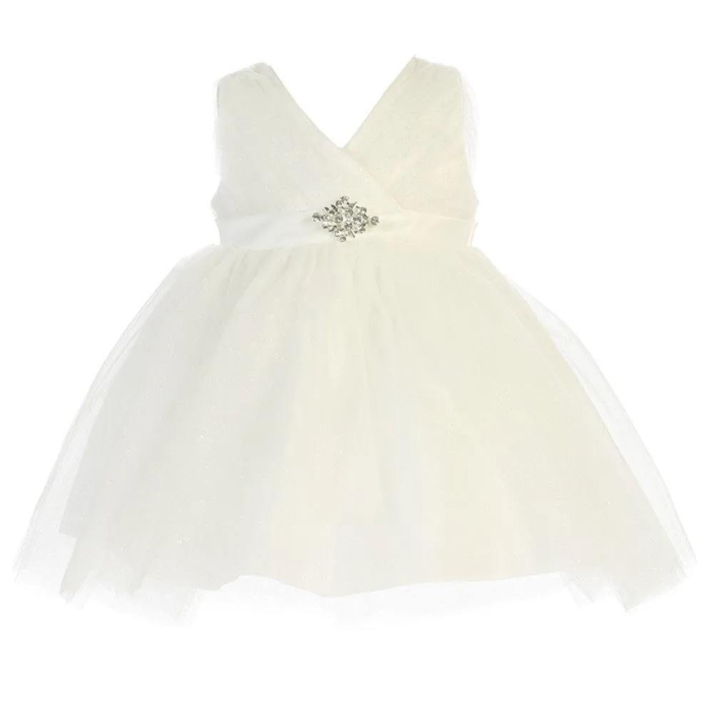 Baby Girls Ivory Glitter Tulle V-Neck Rhinestone Brooch Flower Girl Dress 6-24M