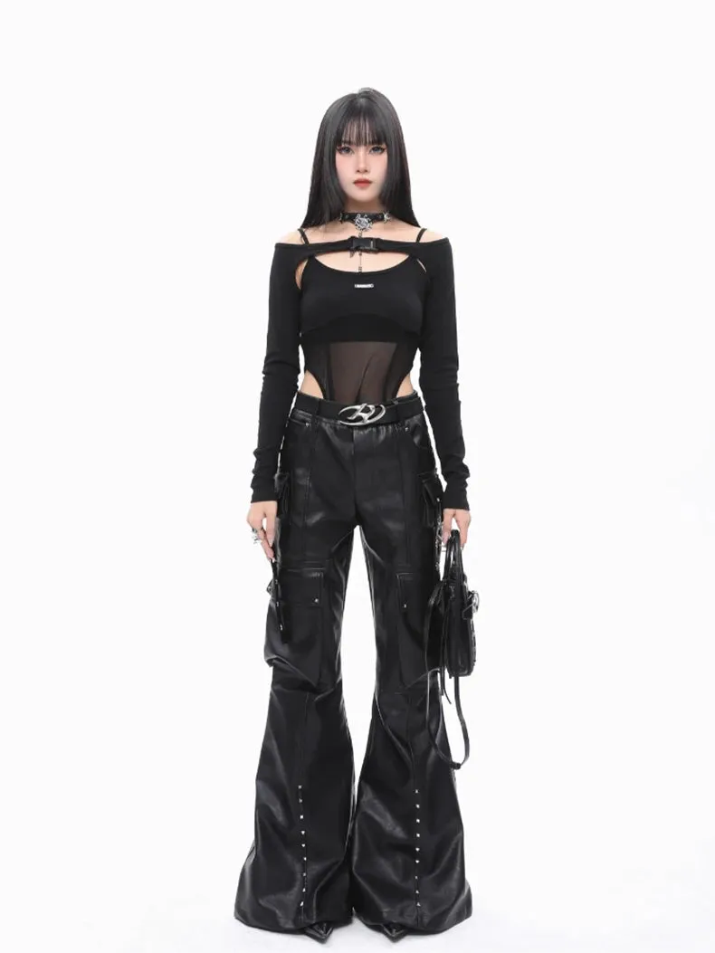 Baggy Leather Wide Leg Cargo Pants