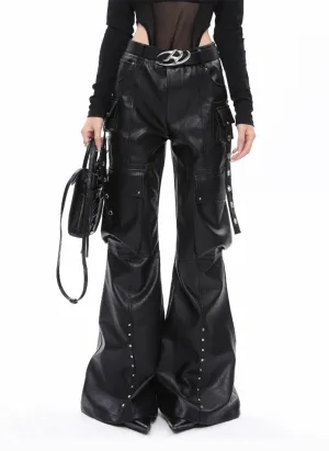 Baggy Leather Wide Leg Cargo Pants