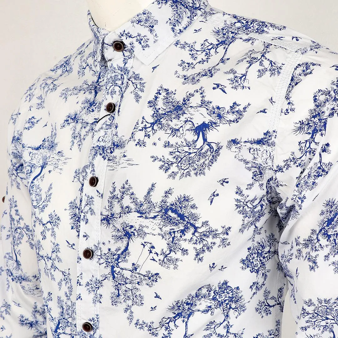 Bajieli Finest Quality White And Blue Floral Designed LongSleeve Shirt