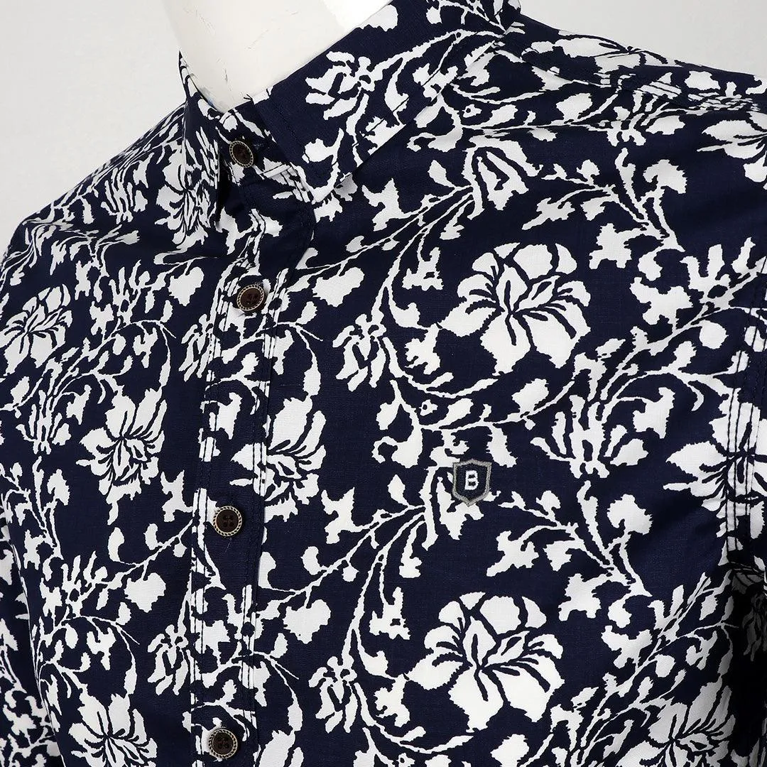 Bajieli New York Fit NavyBlue And White Floral Designed Shirt