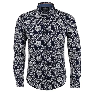 Bajieli New York Fit NavyBlue And White Floral Designed Shirt