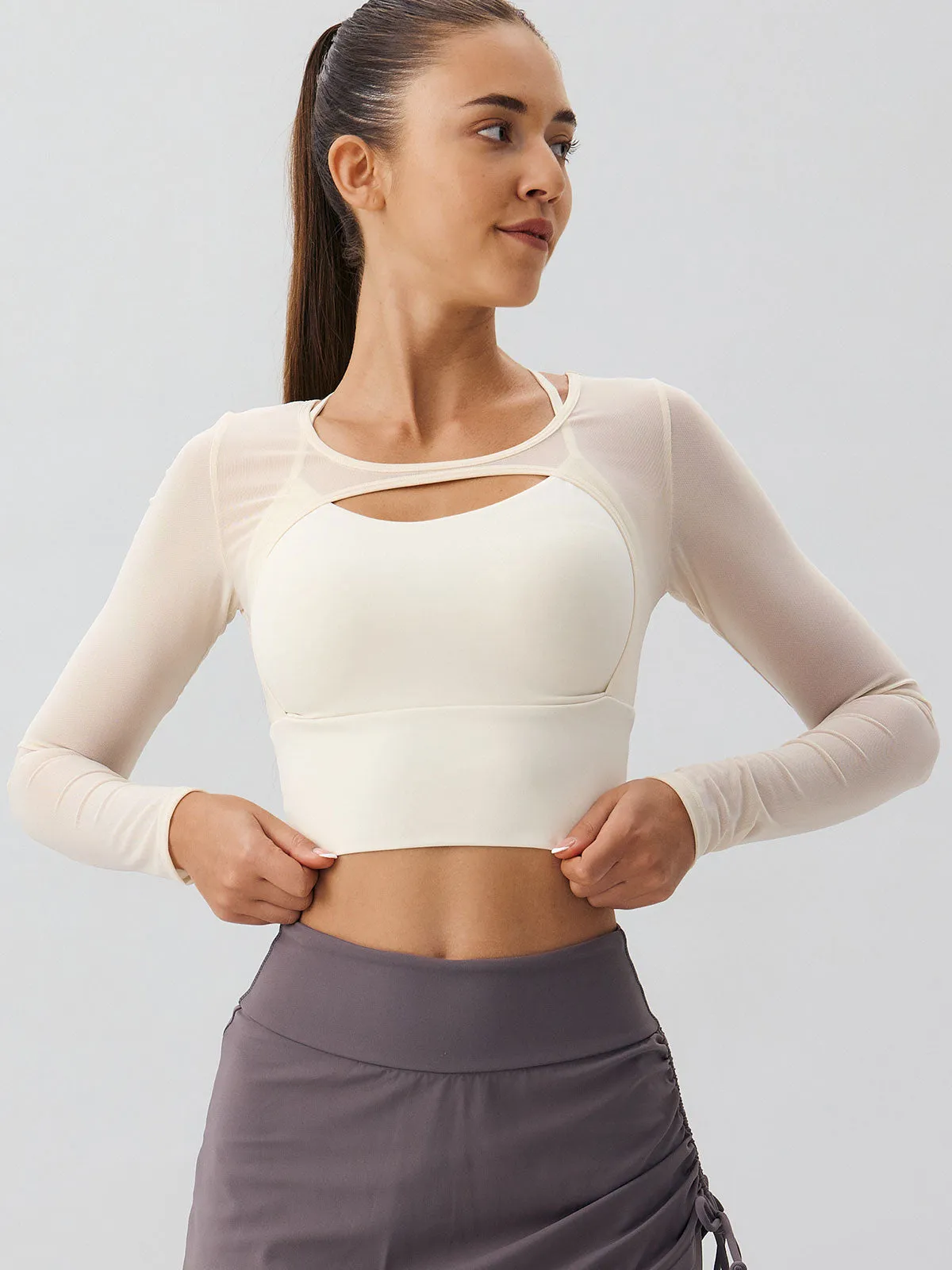 Beige Cut Out Long Sleeve Top--Light Support