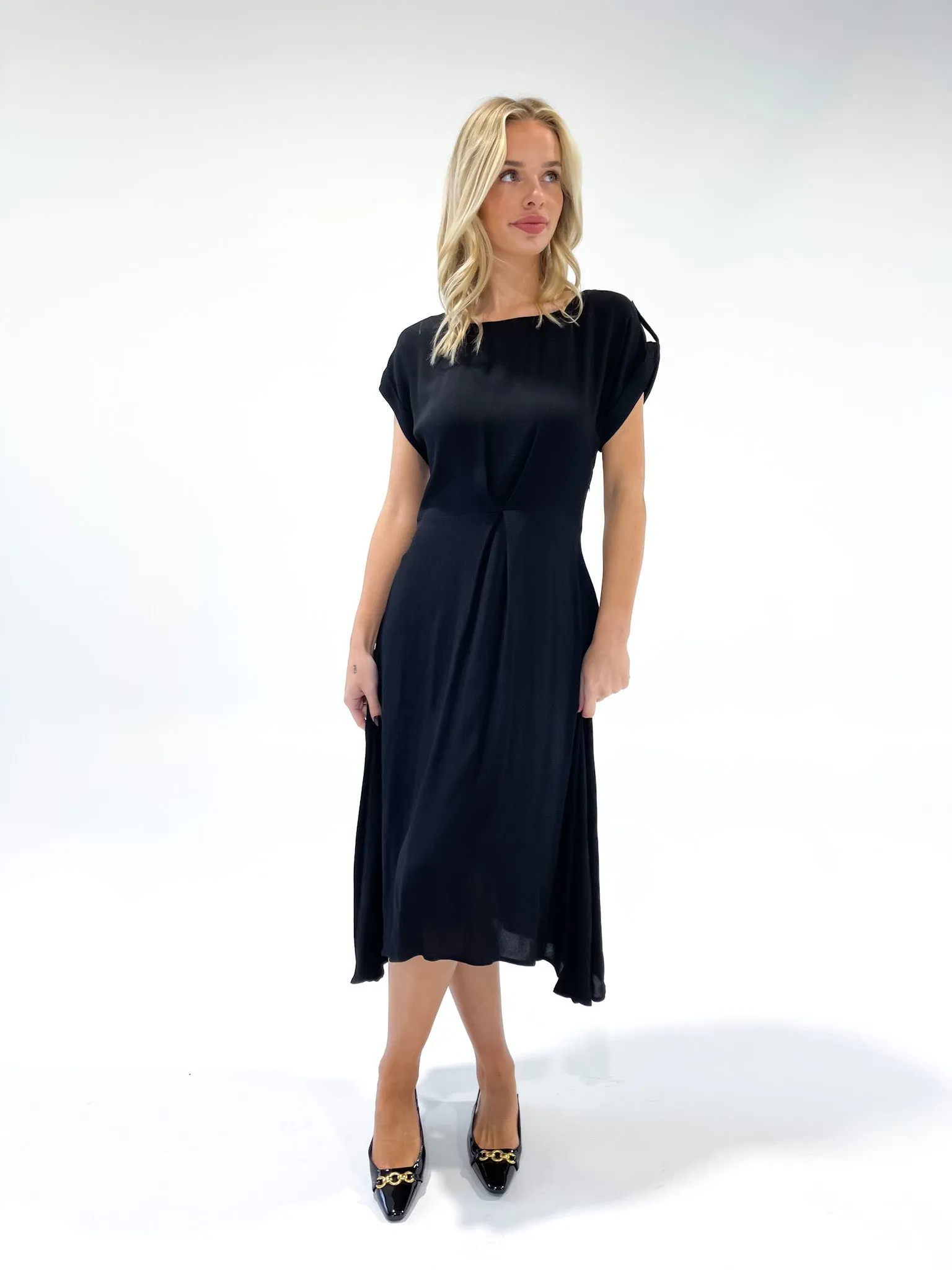 Black Crepe Tuck Detail Midi Dress