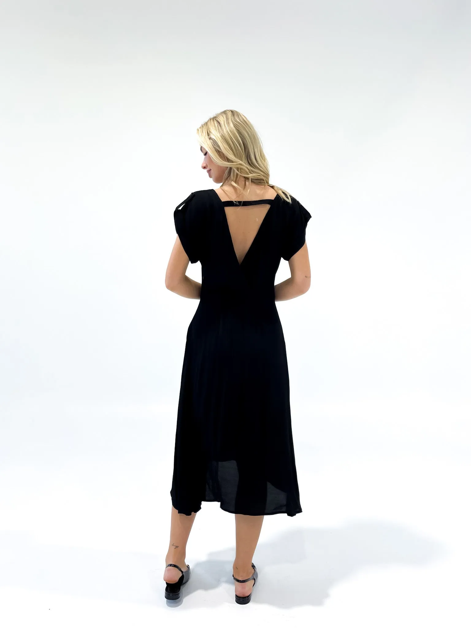 Black Crepe Tuck Detail Midi Dress