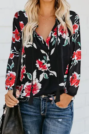 Black Floral Print Peasant Long Sleeve Blouse