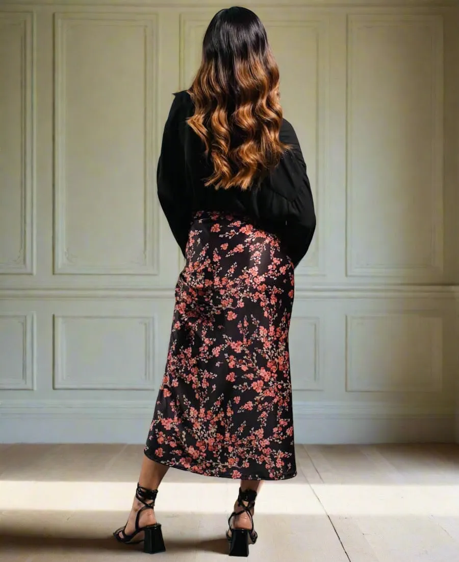 Black Floral Satin Midi Skirt