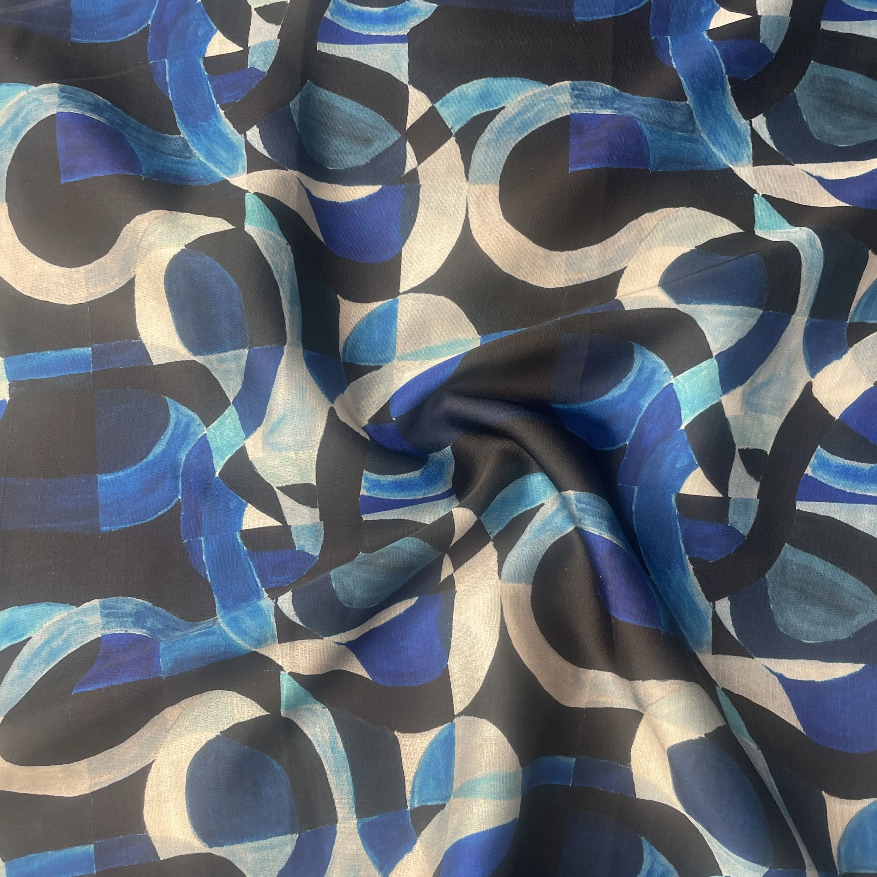 Blue Abstract Print Satin Linen Fabric 19577