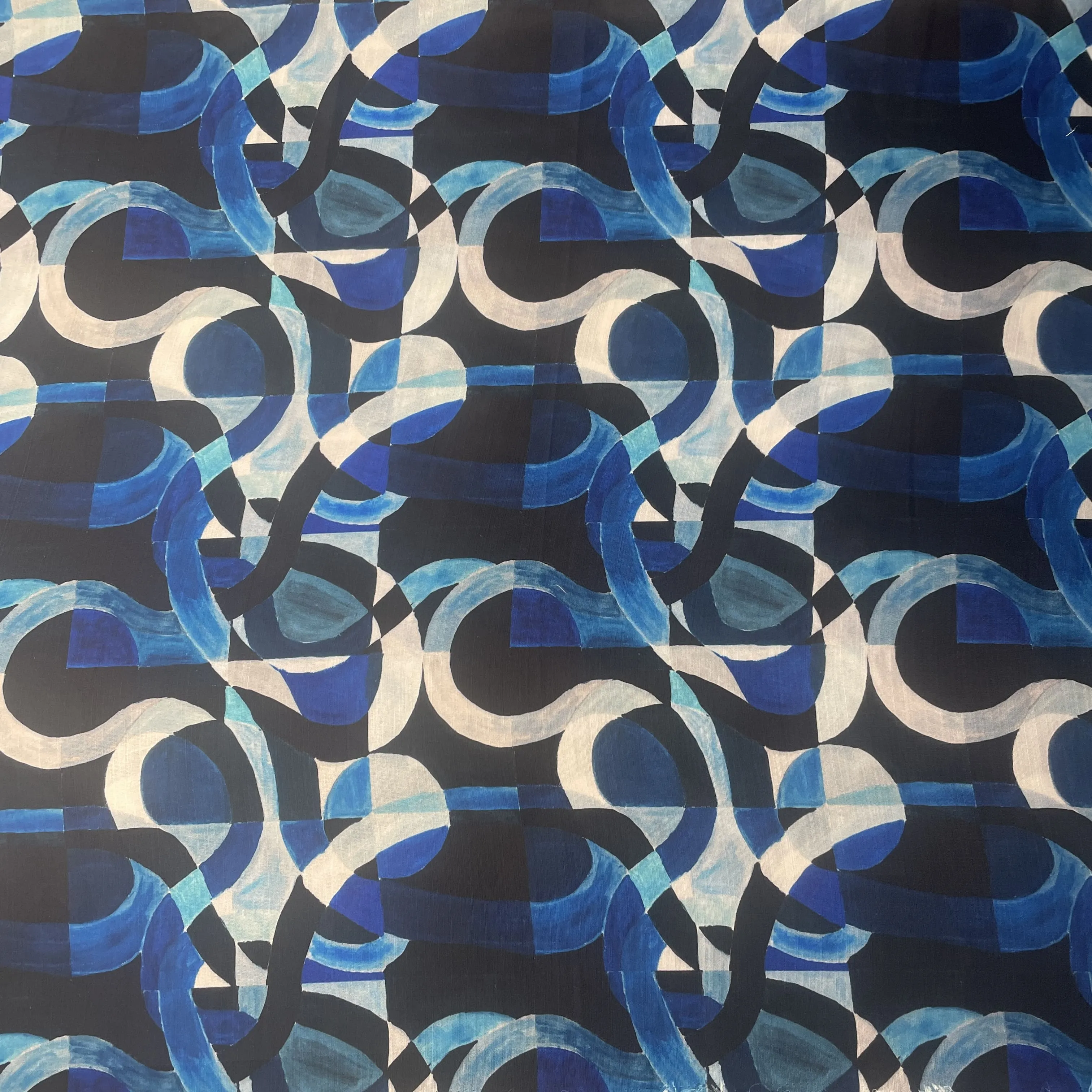 Blue Abstract Print Satin Linen Fabric 19577