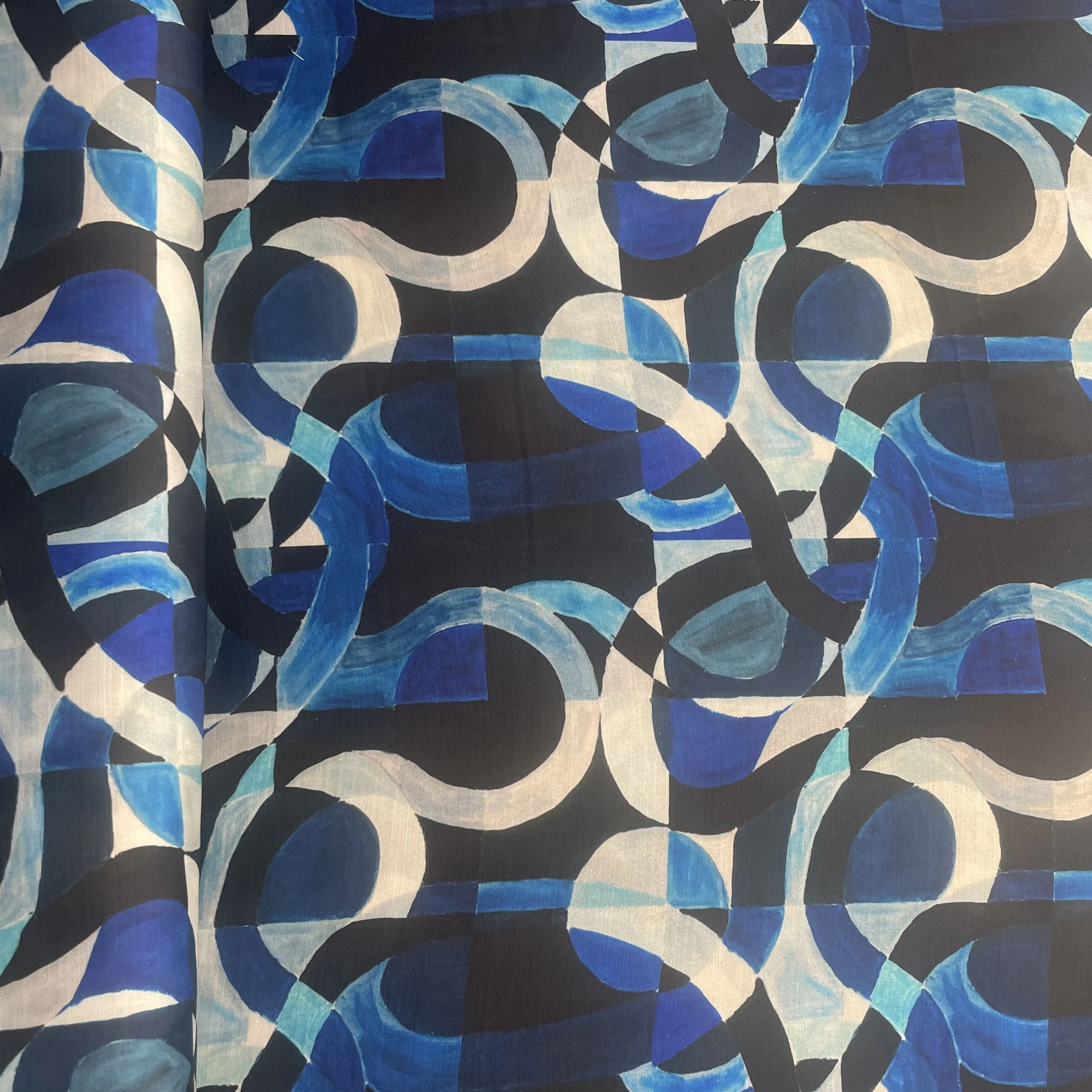 Blue Abstract Print Satin Linen Fabric 19577