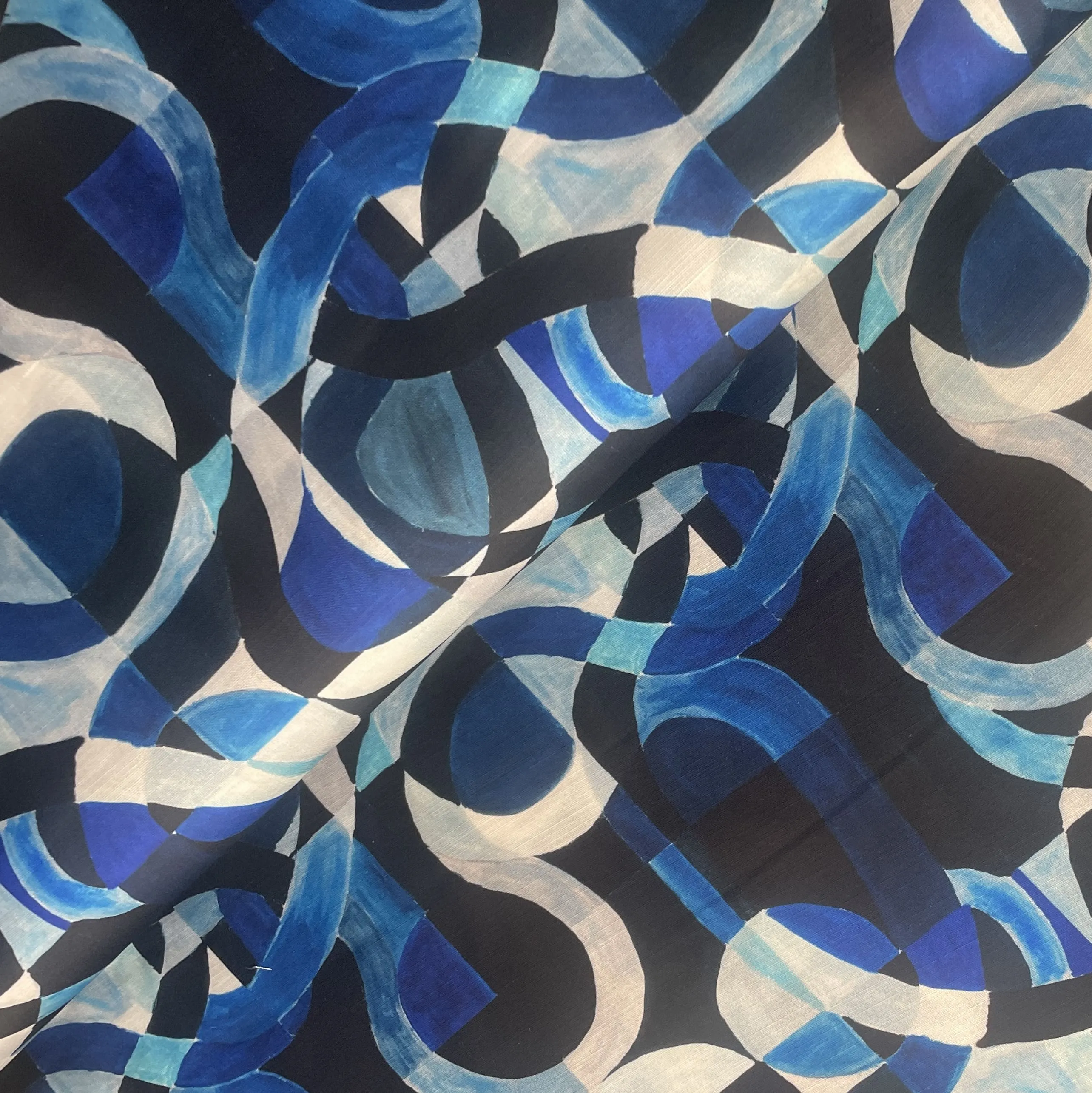 Blue Abstract Print Satin Linen Fabric 19577