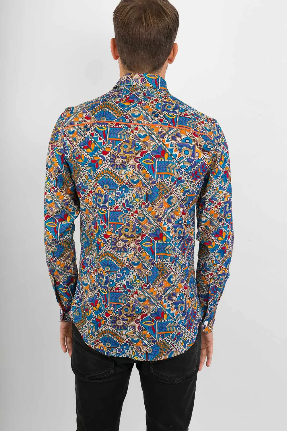 Blue Multi Coloured  Print Cotton Slim Fit Mens Shirt Long Sleeve