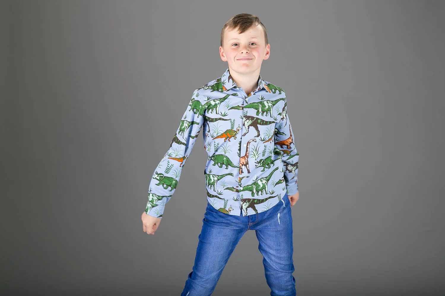 Boys Cotton Blue Dinosaurs Long Sleeve Shirt