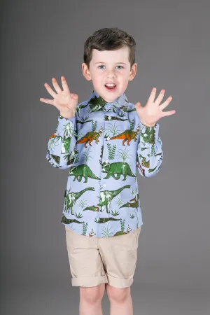 Boys Cotton Blue Dinosaurs Long Sleeve Shirt