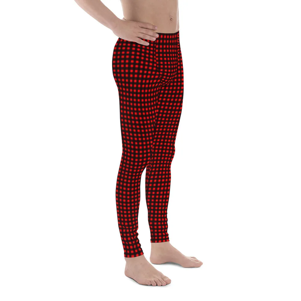 Buffalo Red Plaid Men's Leggings, Christmas Style Festive Meggings For Men-Made in USA/MX/EU