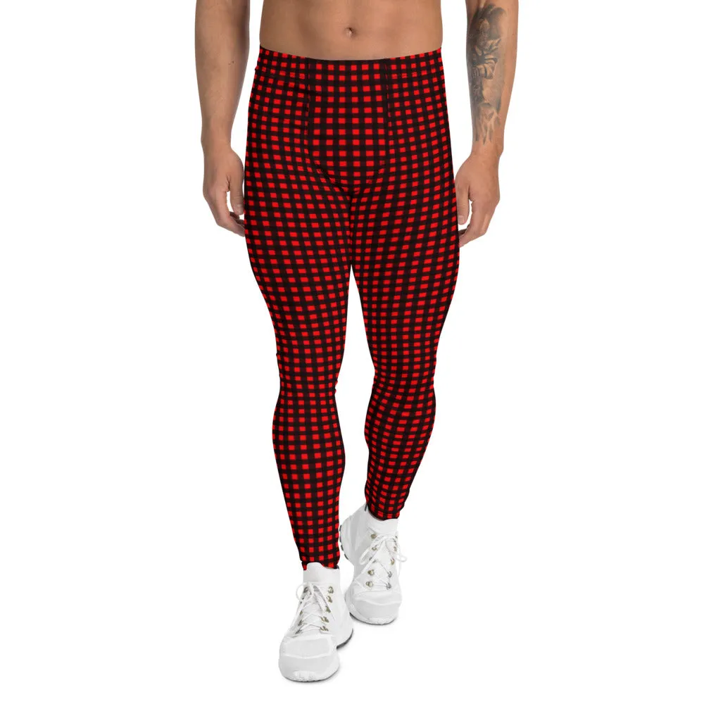 Buffalo Red Plaid Men's Leggings, Christmas Style Festive Meggings For Men-Made in USA/MX/EU