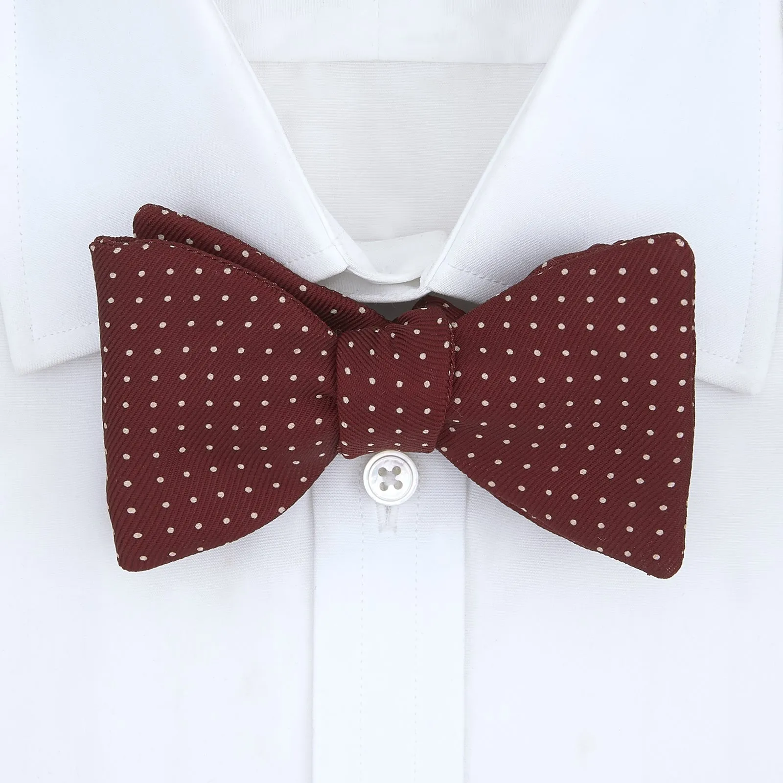 Burgundy and White Small Spot Printed Silk Bow Tie