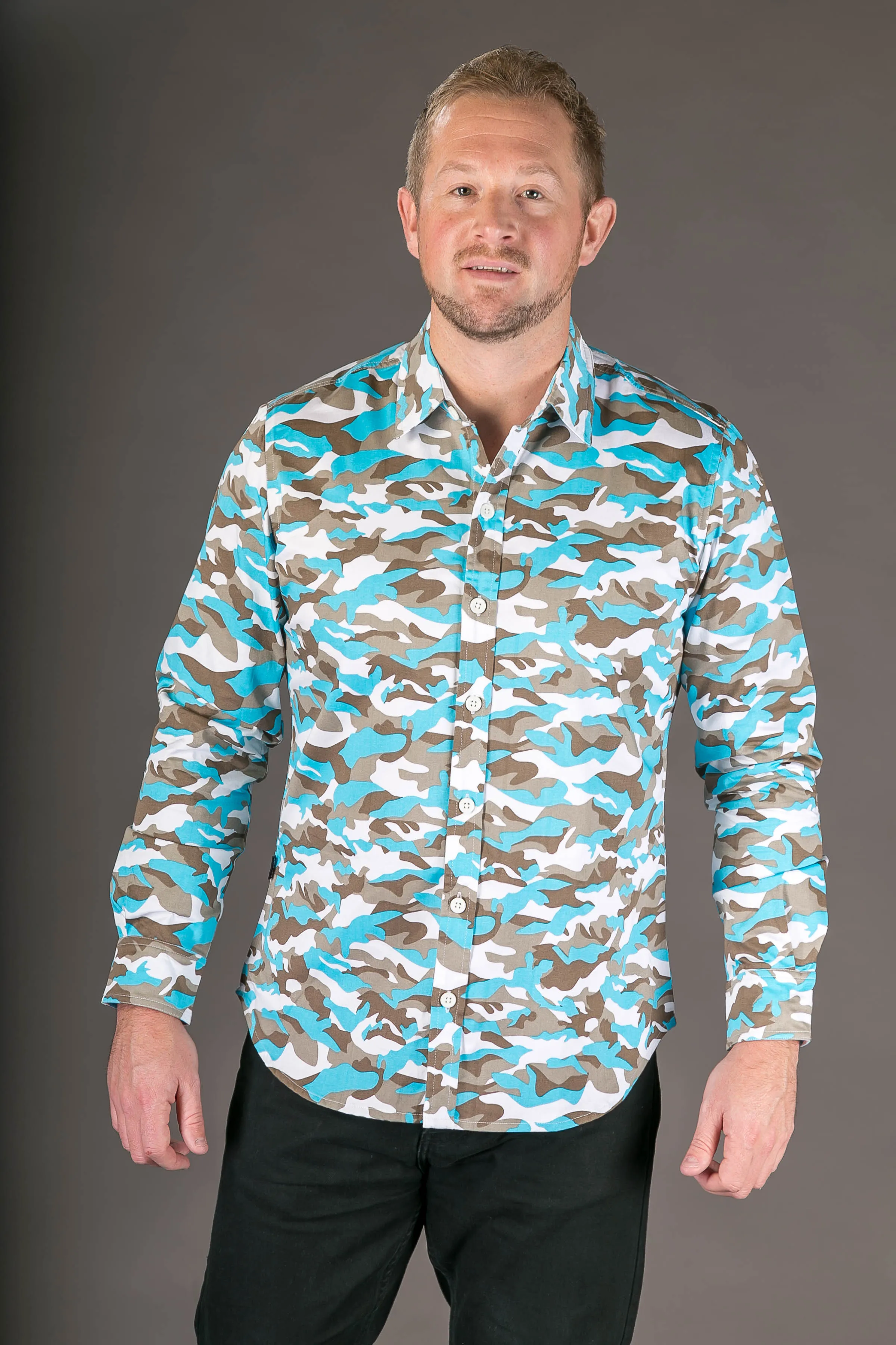 Camouflage Blue Print Cotton Slim Fit Mens Shirt Long Sleeve