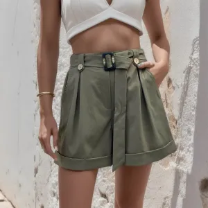 Casual Green Female Shorts with Belt