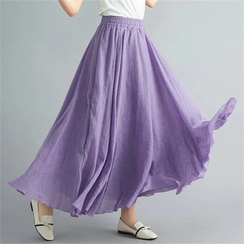 Cotton Linen Flared Maxi Skirts for Women - Breathable and Elegant Ankle-Length Skirt