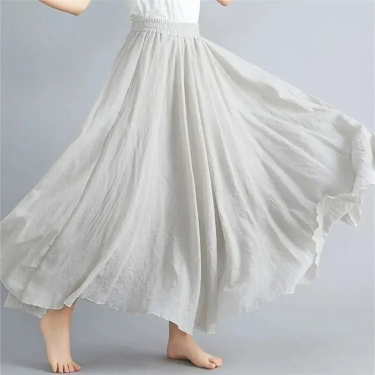 Cotton Linen Flared Maxi Skirts for Women - Breathable and Elegant Ankle-Length Skirt