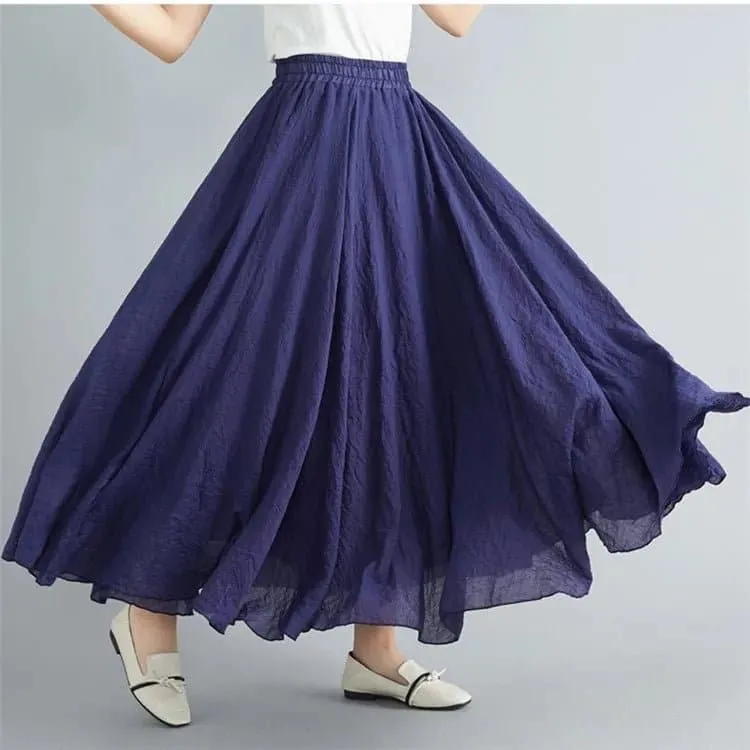 Cotton Linen Flared Maxi Skirts for Women - Breathable and Elegant Ankle-Length Skirt