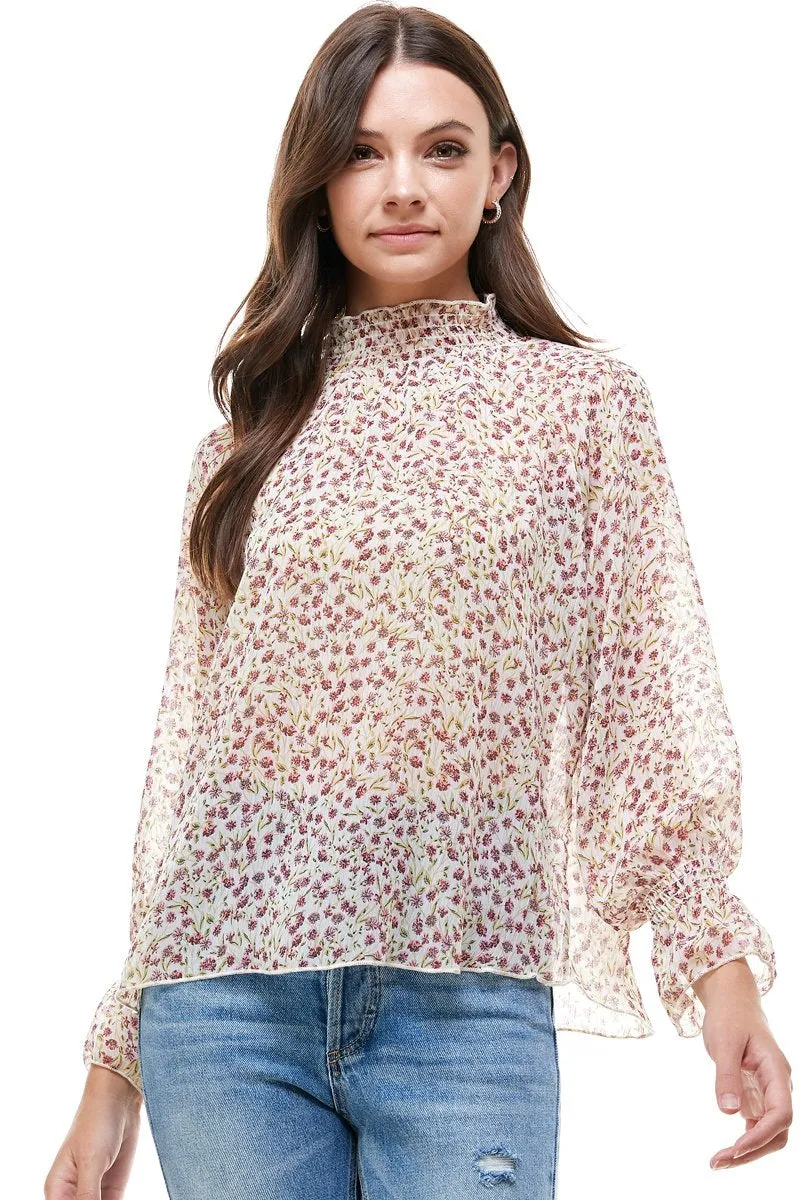 Ditsy Floral Smock Neck and Smock Cuffs Blouse