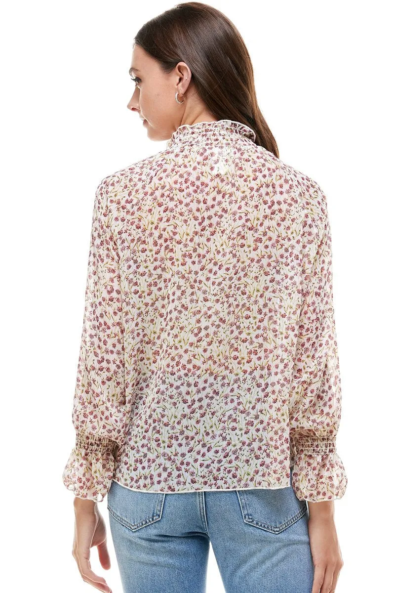 Ditsy Floral Smock Neck and Smock Cuffs Blouse