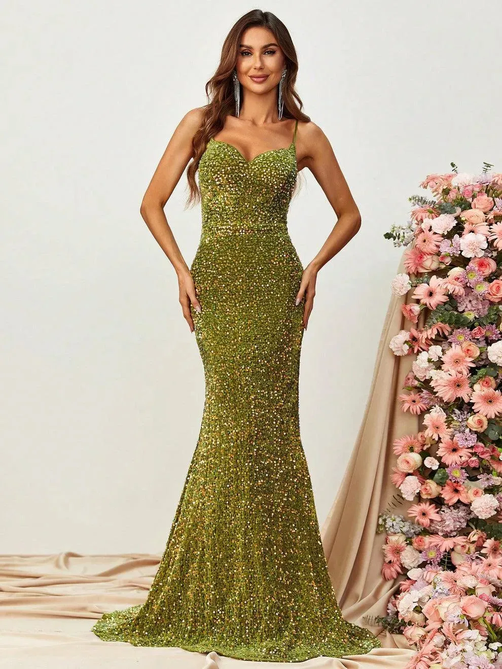 Elegant Spaghetti Straps Sequin Mermaid Dresses