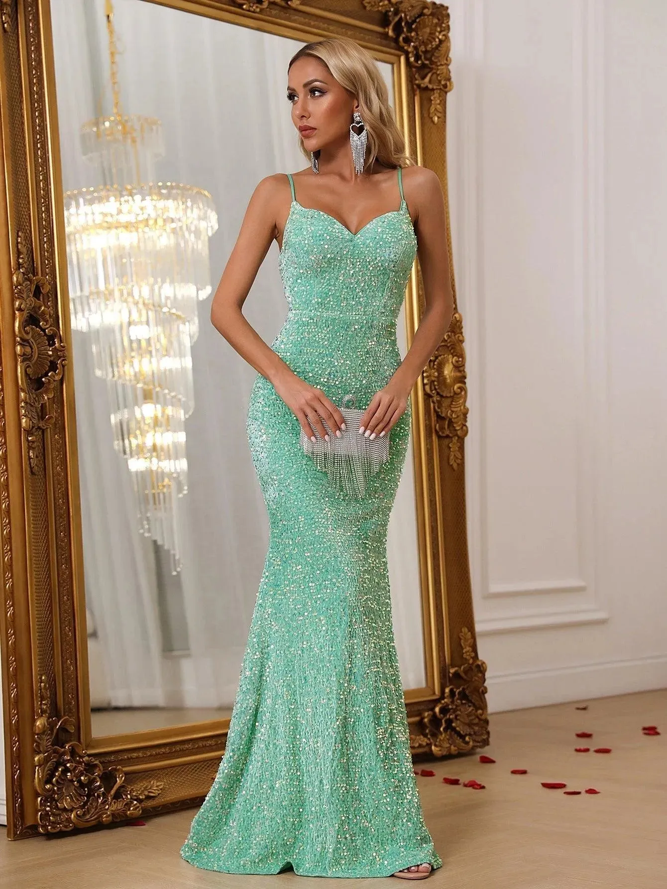 Elegant Spaghetti Straps Sequin Mermaid Dresses