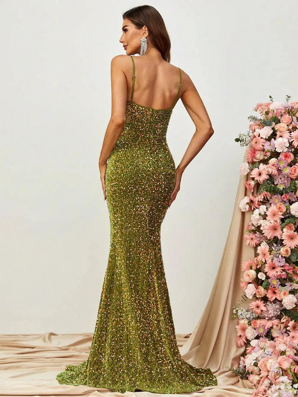 Elegant Spaghetti Straps Sequin Mermaid Dresses