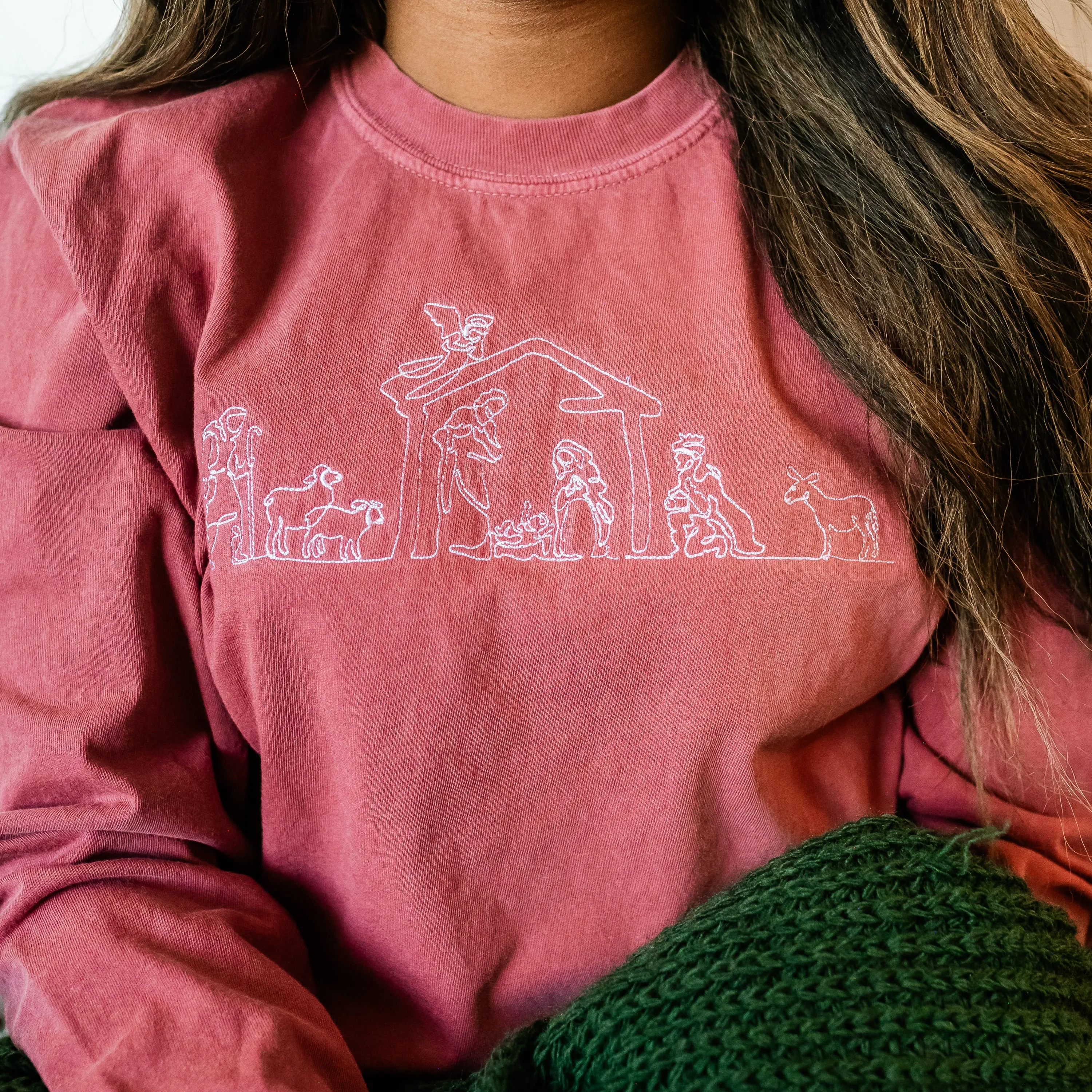 Embroidered Nativity Scene - LONG SLEEVE Comfort Colors Tee