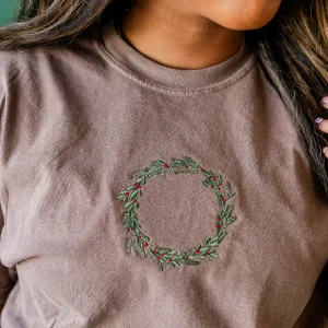 Embroidered Wreath (center) - LONG SLEEVE Comfort Colors Tee