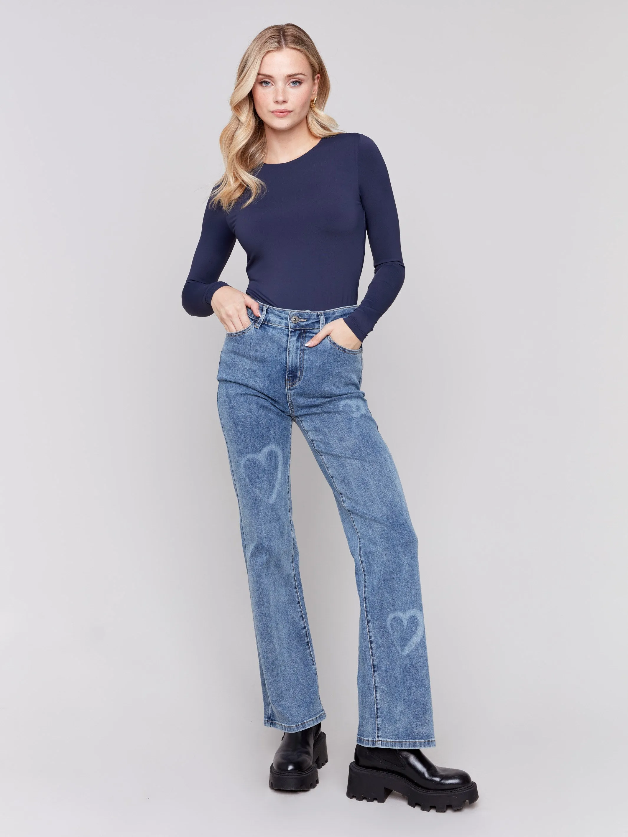 Flare Jeans With Hearts - Medium Blue