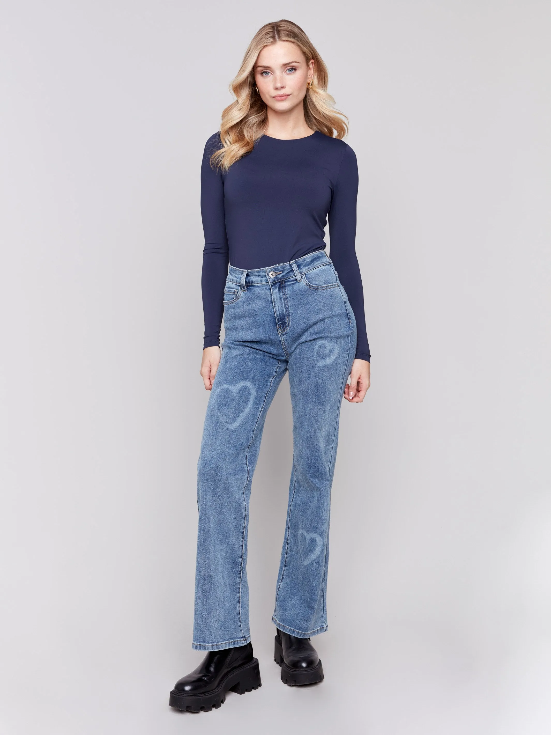 Flare Jeans With Hearts - Medium Blue