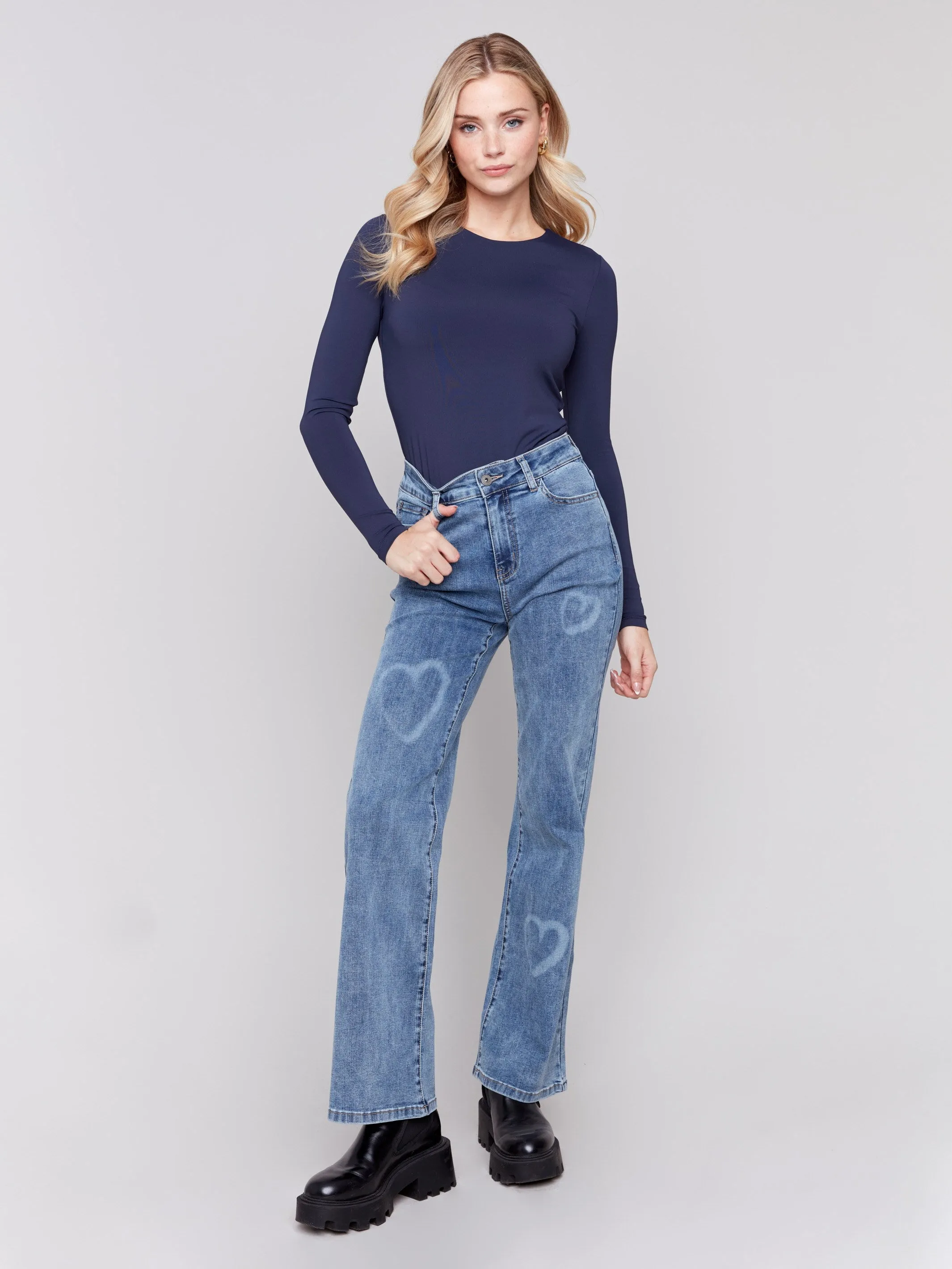 Flare Jeans With Hearts - Medium Blue