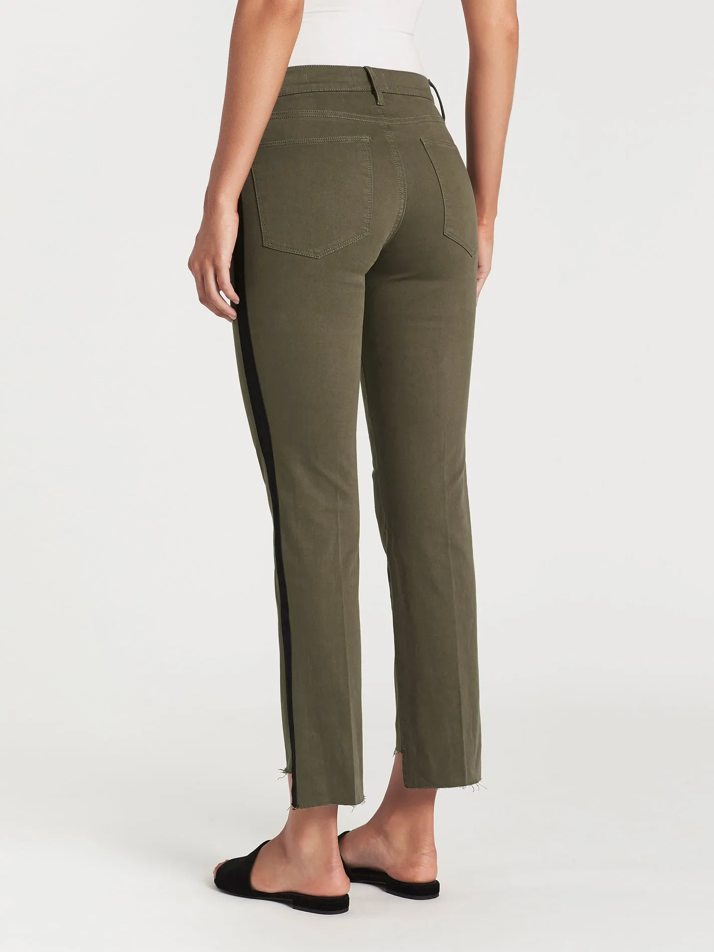 Frame - Le High Straight Raw Stagger Tuxedo Tape Pants in Army Green