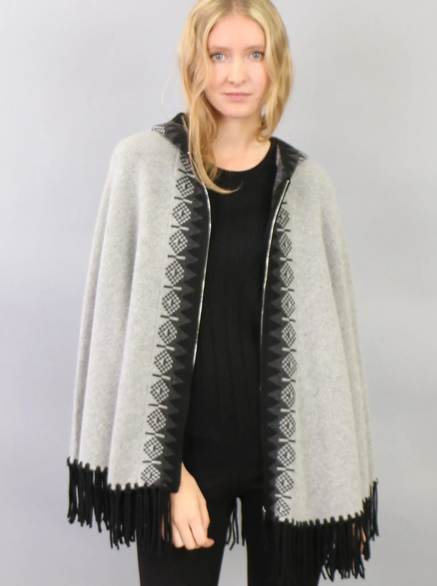 Fringed Zip Hoodie Cape