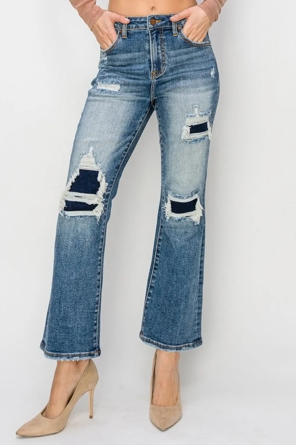 Full Size High Rise Distressed Ankle Flare Jeans