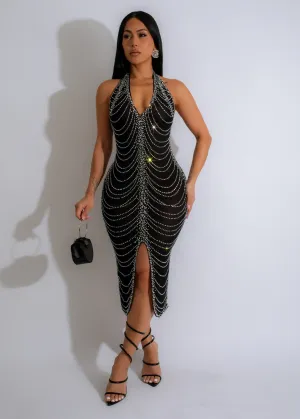 Gatsby Glamour Mesh Rhinestones Midi Dress Black