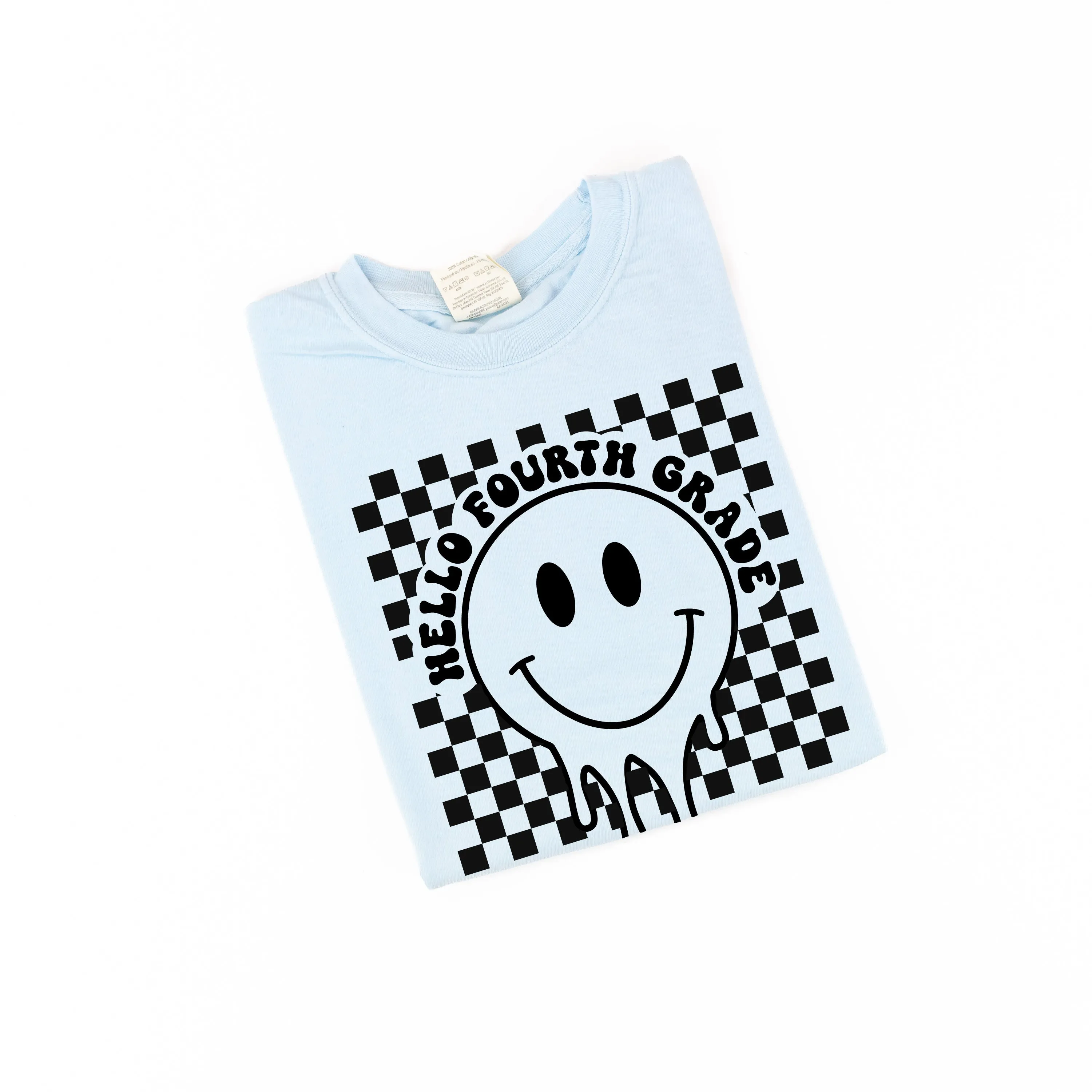 Hello Fourth Grade - Checker Smiley - SHORT SLEEVE COMFORT COLORS TEE