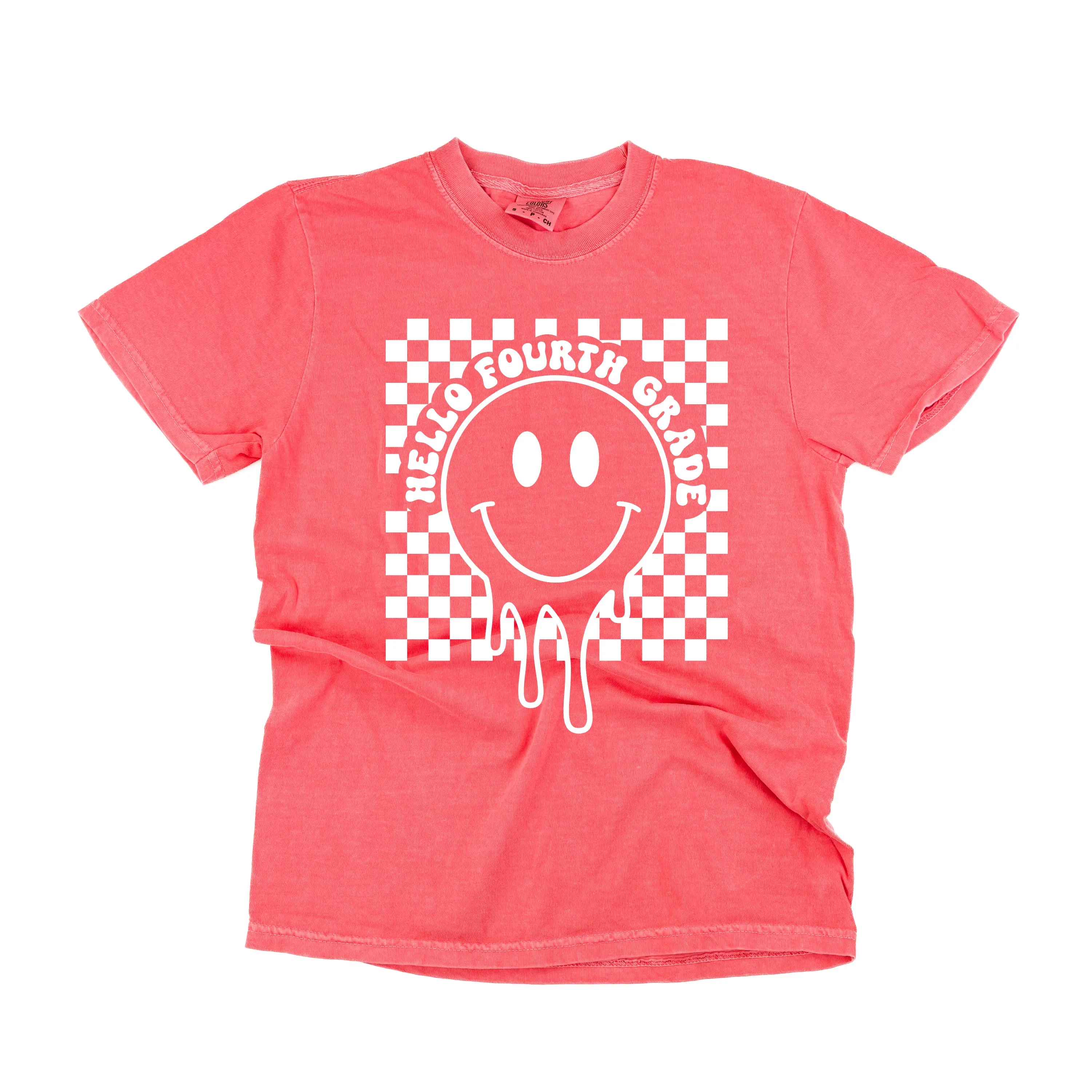 Hello Fourth Grade - Checker Smiley - SHORT SLEEVE COMFORT COLORS TEE