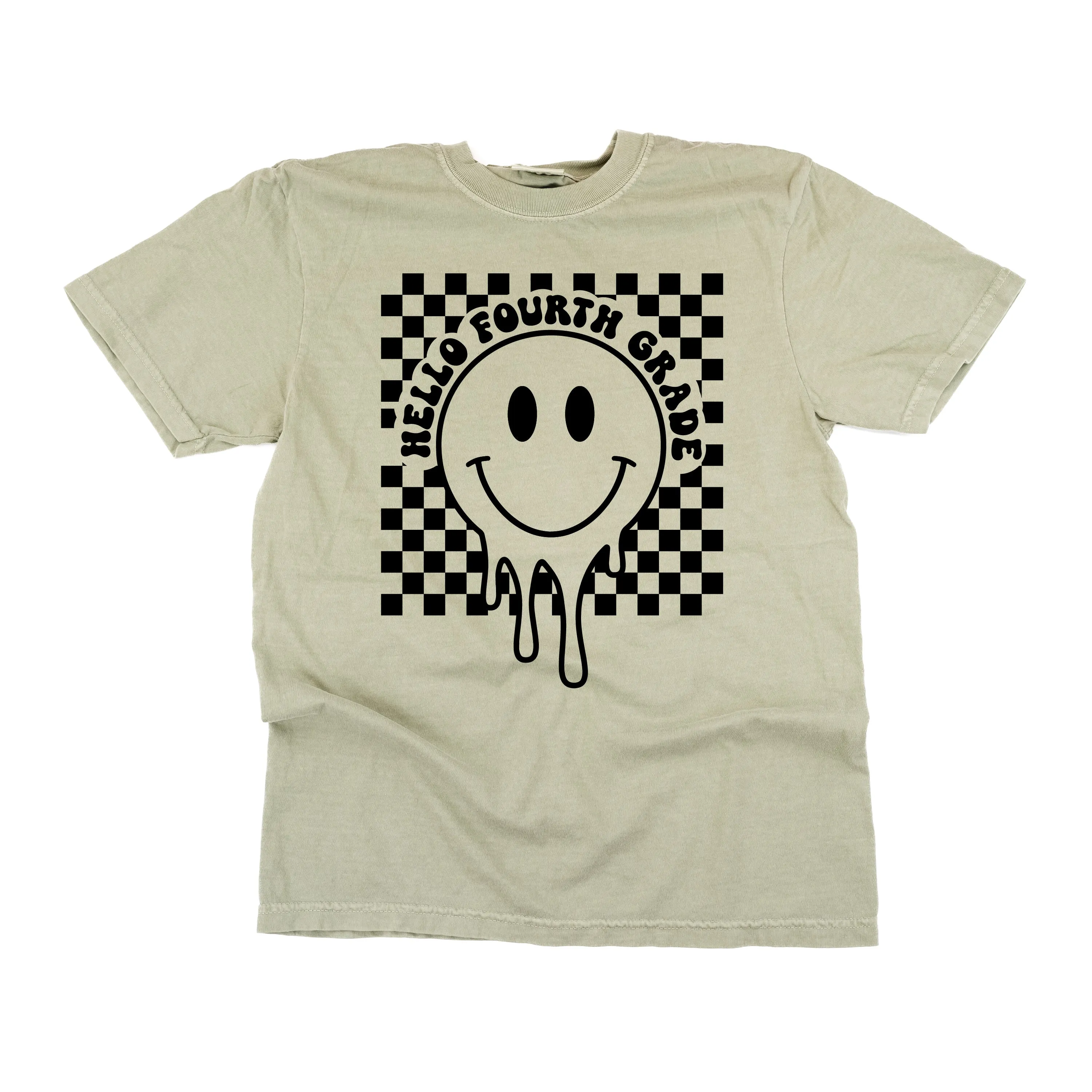 Hello Fourth Grade - Checker Smiley - SHORT SLEEVE COMFORT COLORS TEE