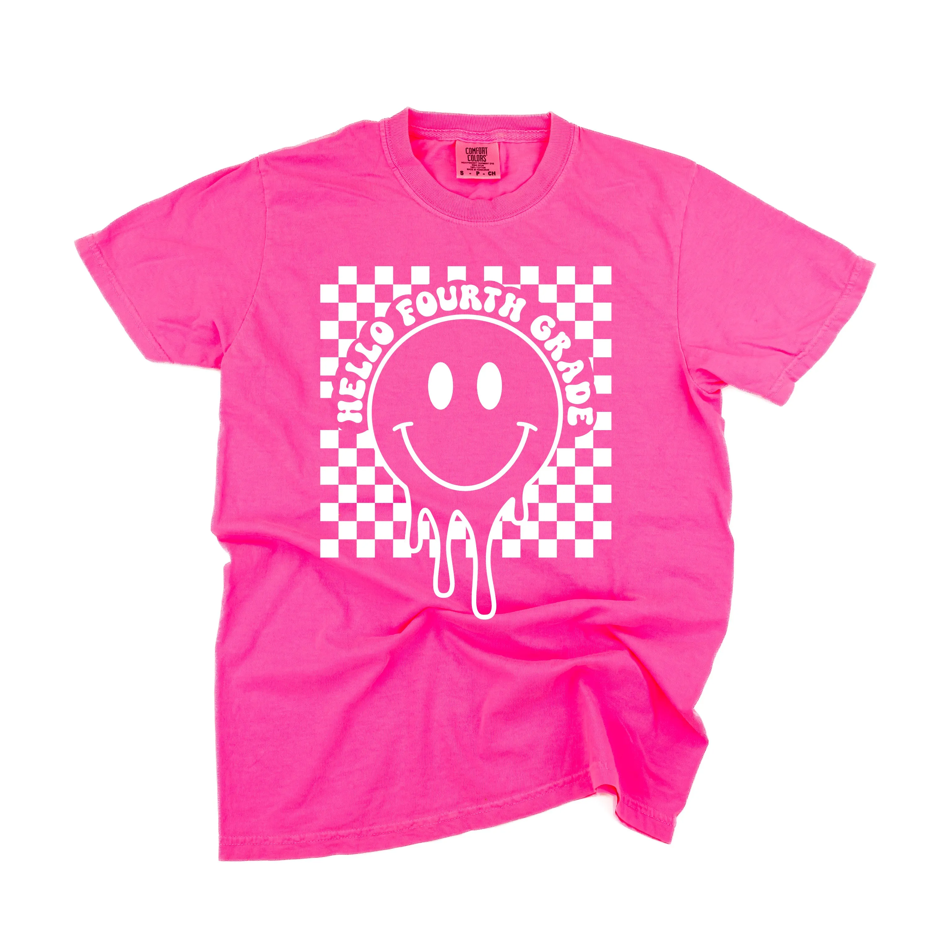 Hello Fourth Grade - Checker Smiley - SHORT SLEEVE COMFORT COLORS TEE