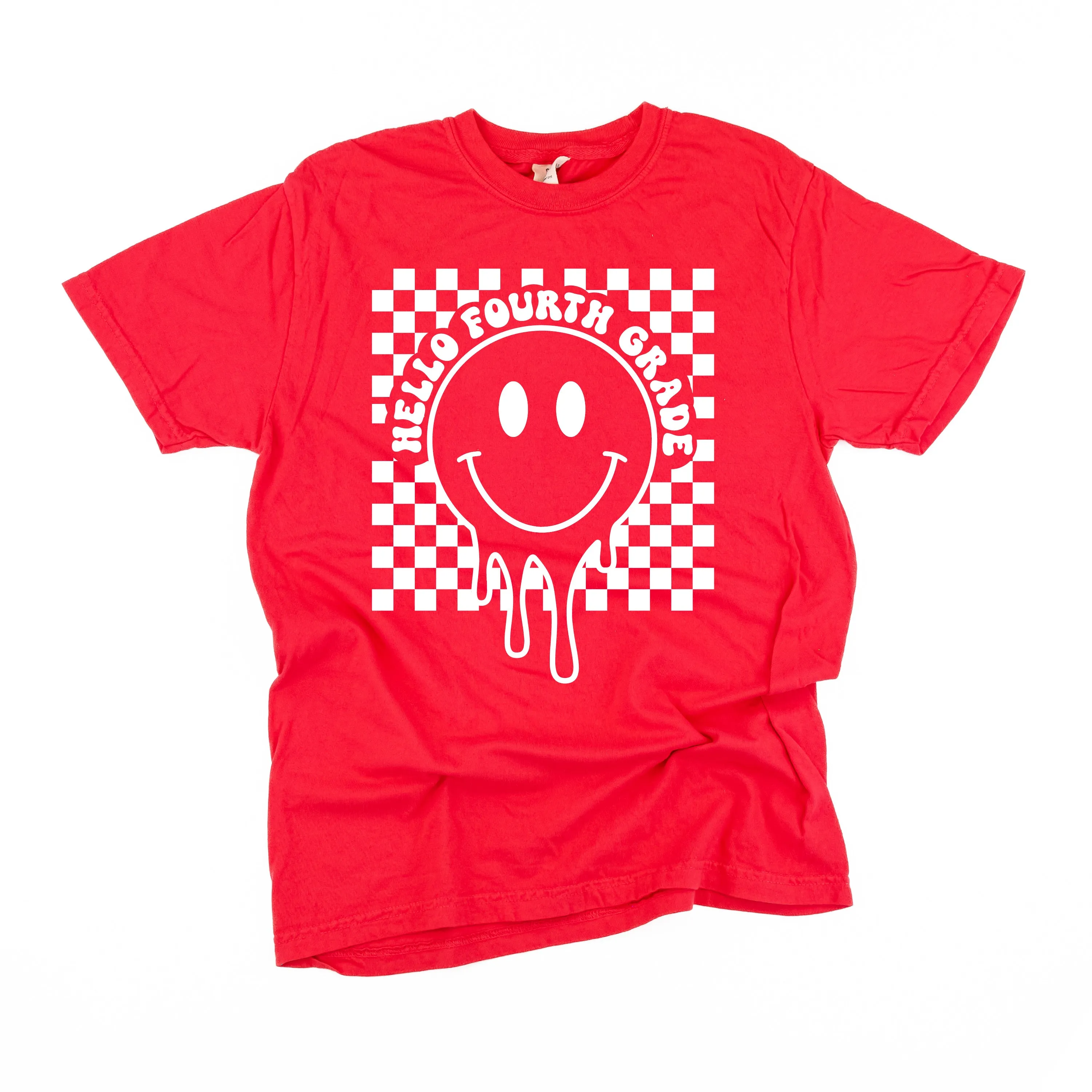 Hello Fourth Grade - Checker Smiley - SHORT SLEEVE COMFORT COLORS TEE